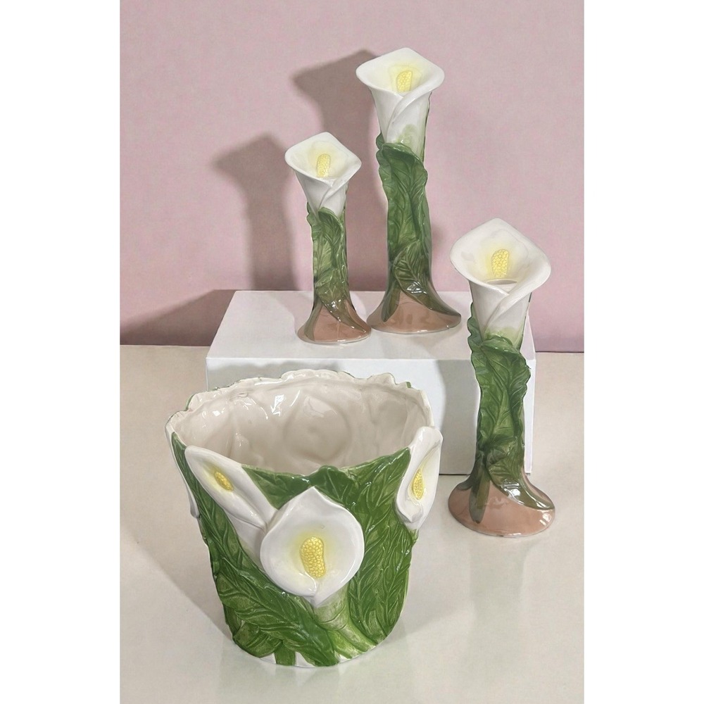 Ebeling Reuss Ceramic Calla Lily‎ Planter And Candle Stick Holder Set Of 4 Japan